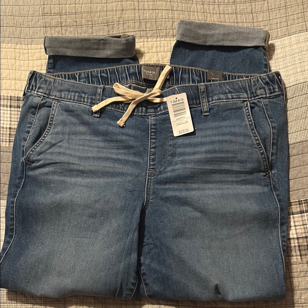 Torrid Blue Boyfriend Jeans with Elastic Cuffs and Drawstring Waist